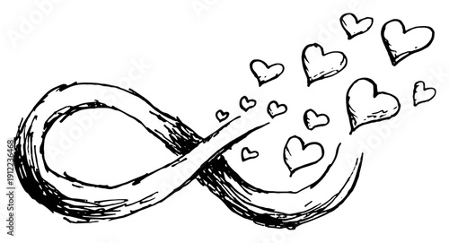 Infinity symbol with flying hearts brush stroke – dynamic romantic sketch vector illustration