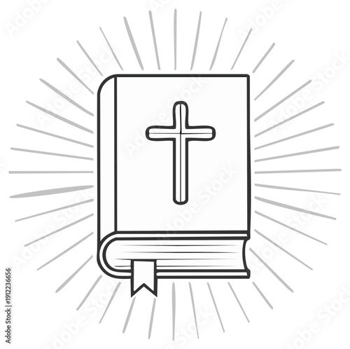 Line art drawing of a sacred Holy Bible with a prominent cross symbol and spiritual light rays