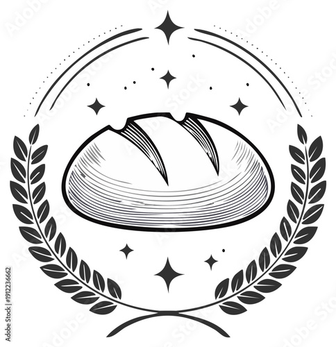 Engraved Style Bakery Badge: Bread Loaf surrounded by laurels and stars in circular emblem for bake shop or bakery brand.
