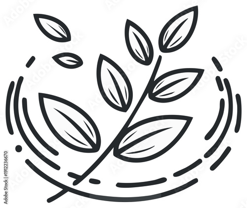 Minimalist line art illustration of a growing plant branch with leaves enclosed in a circular design element