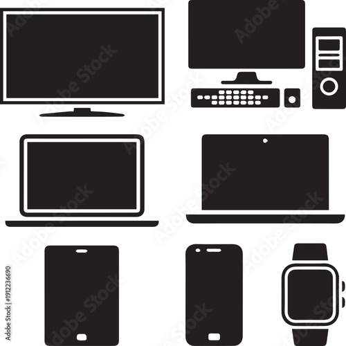 Silhouette Set technology devices icon tv, computer, laptop, tablet, smartphone. watch - stock vector without Background