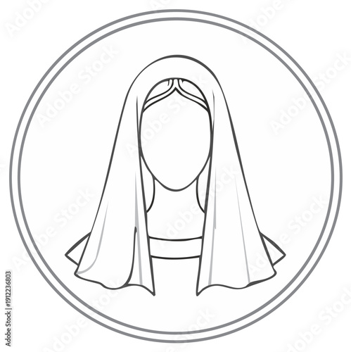 Outline image of a woman in a traditional head covering inside a circle