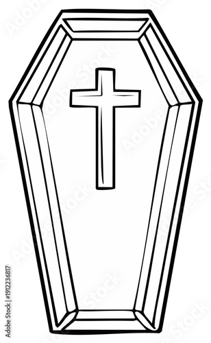 Cartoon Coffin with Cross Illustration, Symbol of Death, Mourning, Burial