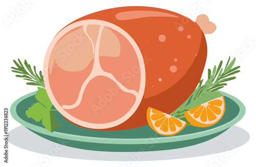 Whole Ham Roast with Rosemary and Orange Slices on Platter