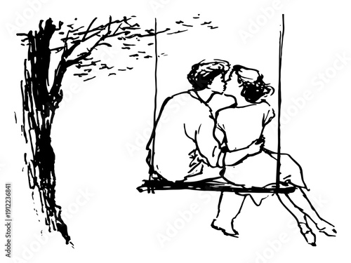 Hand drawn couple sitting on swing under tree romantic sketch vector illustration