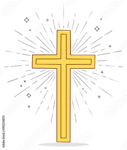 Golden Christian Cross with Burst Rays and Sparkles Symbol of Faith and Hope