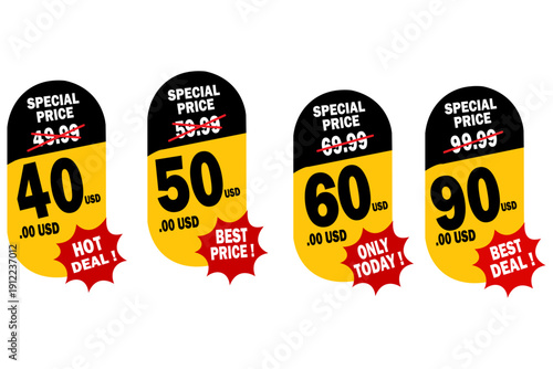Four yellow and black price tags with red starburst shapes, displaying special prices and discounts on a pure white background, with bold black and white text
