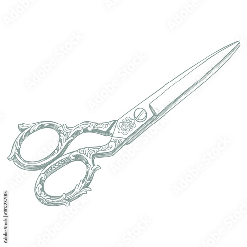 An intricate line drawing of scissors with elaborately designed handles and blades, showcasing a classic and elegant style with precise details and a minimalist aesthetic on a pure white background