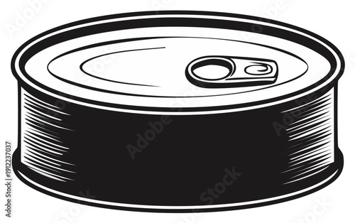 Retro illustration of canned food in black and white, featuring a metal container with a pull tab.