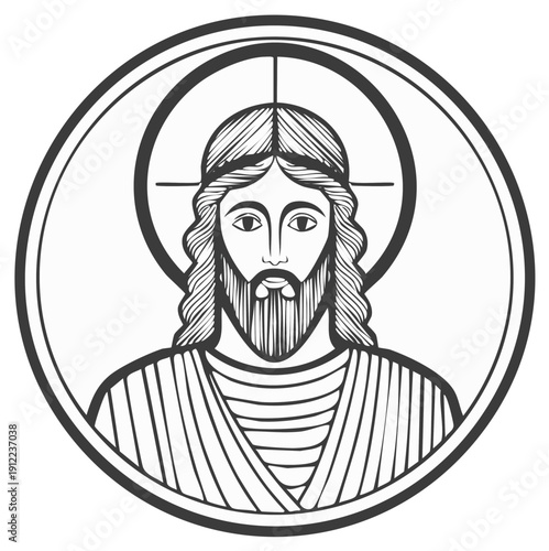 Iconographic Portrait of Jesus Christ with Halo in Circular Frame