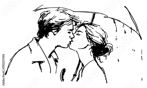 Couple kissing under umbrella – romantic sketch line art vector illustration