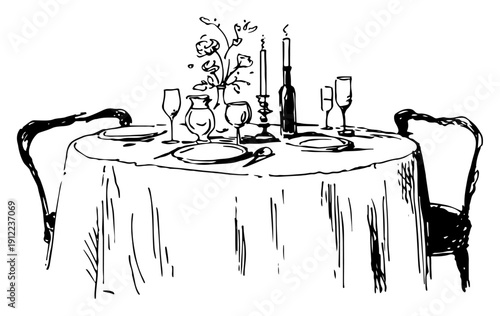 Candlelit dinner table set for two with wine and flowers – elegant sketch line art vector illustration