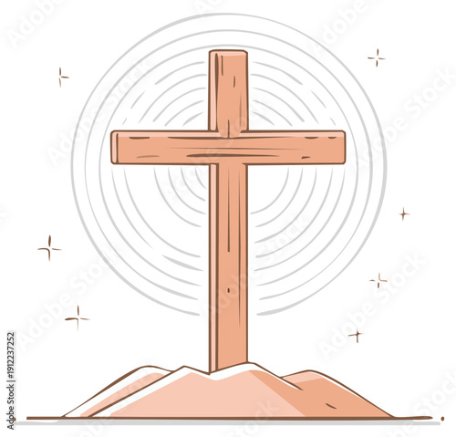 Wooden Cross on a Hill with Symbolic Radiating Lines and Light, Religious Faith, Easter or Good Friday