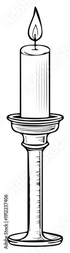 Burning candle in candlestick holder, outlined sketch, traditional design, illustration
