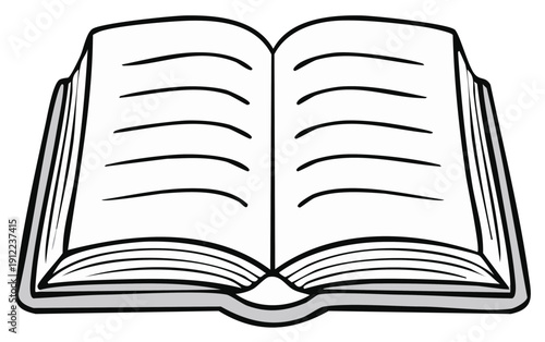 Open Book Illustration with Line Art, Black and White, for Reading and Learning