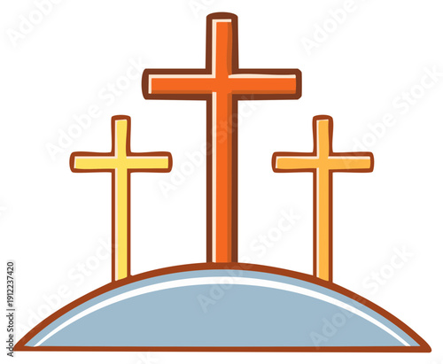 Three crosses rising on a small hill. Christian symbol of faith and hope for Easter.