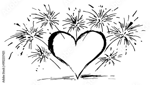 Heart shaped firework burst with surrounding fireworks – celebratory romantic sketch line art vector illustration
