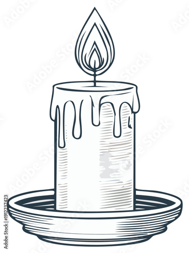 Vintage Candle with Burning Flame and Dripping Wax Illustration