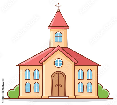 Whimsical Cartoon Church Building with Red Roof and Green Bushes Illustration