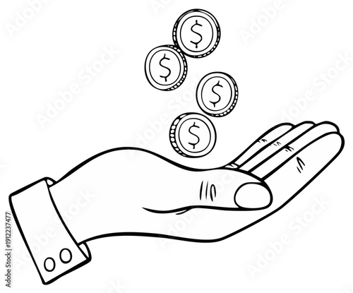 Doodle illustration of a hand receiving money with falling dollar coins