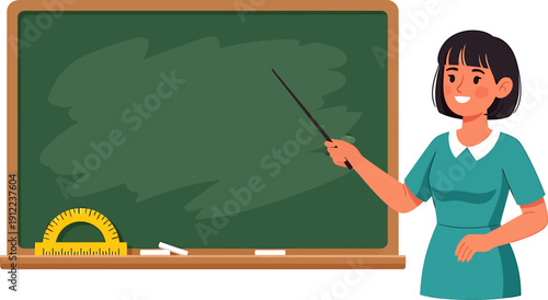 Smiling Female Teacher Pointing at a Green Chalkboard with a Pointer Stick and School Supplies