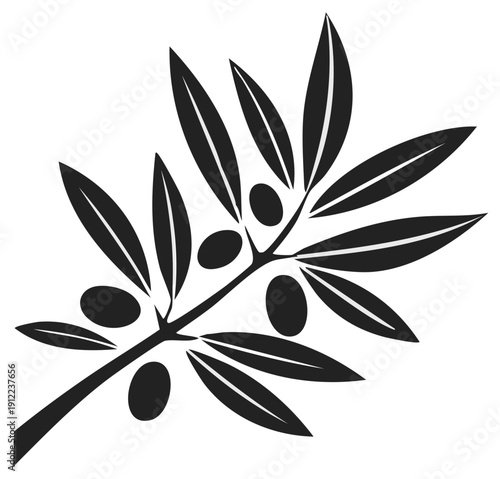 Black and white graphic silhouette of an olive branch with olives and leaves symbolizing peace and nature