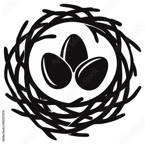 Silhouette illustration of a bird's nest with three eggs inside