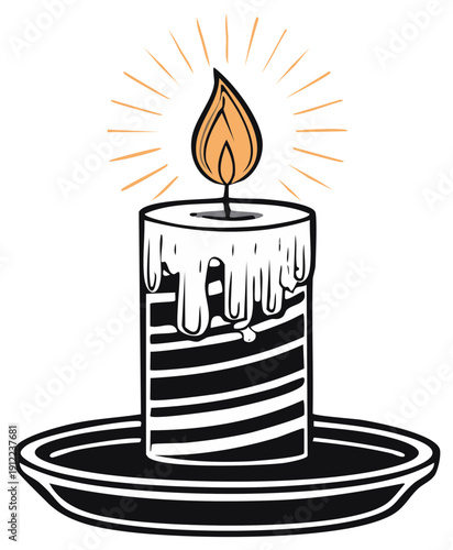 Burning candle with dripping wax and radiating light on a plate
