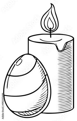 Hand drawn Easter egg and burning candle line art vector illustration