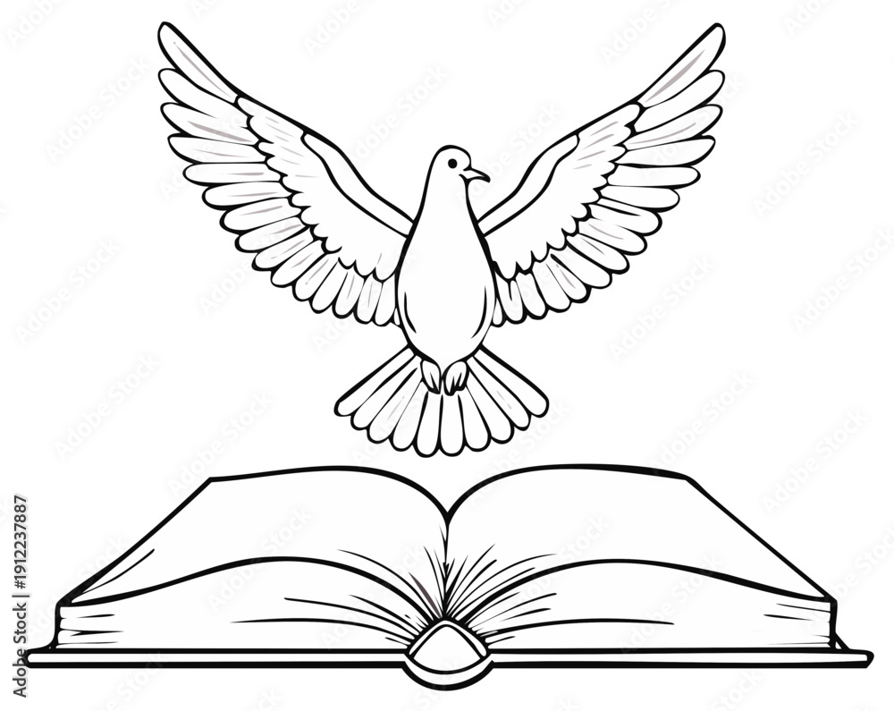 Fototapeta premium Outlined dove flying above an open book, illustration