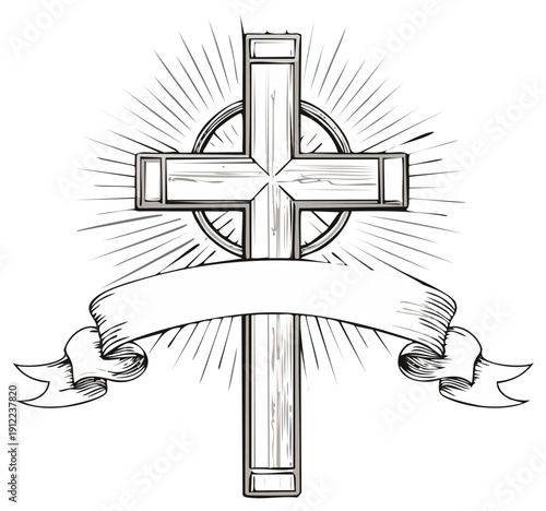 Christian cross illustration with a banner and sunburst rays