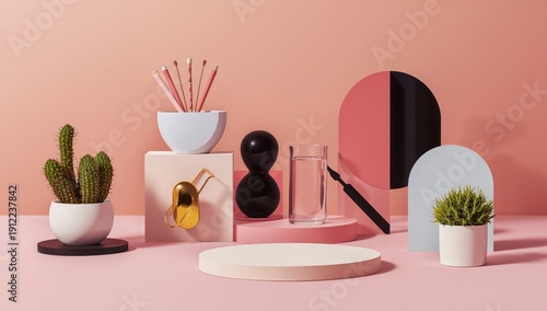 Colorful Display of Modern Items on a Pink Table With Various Decorations and...
