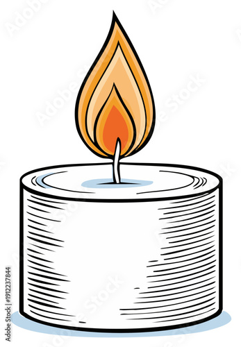 Stylized comic art illustration of a single burning white votive candle