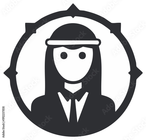 Minimalist vector icon of a man in traditional Arab headdress within a compass frame
