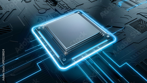 Canvastavla Advanced computer CPU microchip with glowing blue neon lights on a dark circuit board, concept for artificial intelligence and high-performance computing