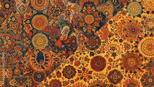 Colorful Textile Design With Floral Patterns and Geometric Shapes in Bright Colors