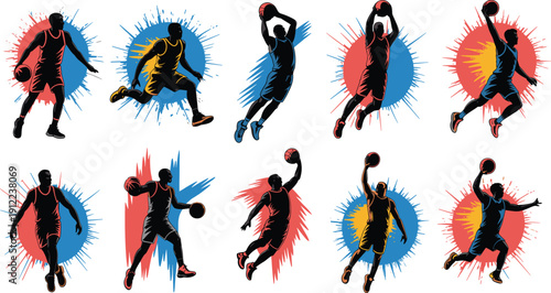 Basketball player action silhouettes collection, dynamic dunk jump poses, sport motion illustration, urban street style athletes, colorful splash background vector art