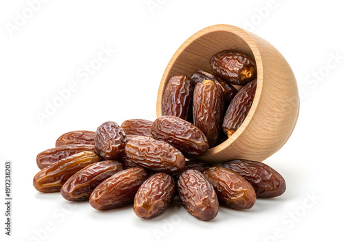 A small pile of dates spilling out of a wooden container onto a white surface.