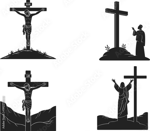 Christian cross crucifixion silhouette illustration, Jesus Christ on cross, faith religion symbolism, worship prayer scene, biblical spiritual concept, minimal black white art