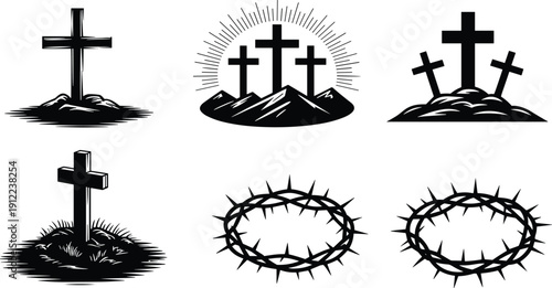Christian cross and crown of thorns silhouette collection, crucifixion symbols, biblical faith illustration, religious worship icons, minimal black white vector art