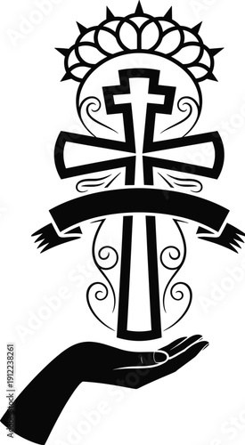 Christian cross with crown of thorns and helping hand silhouette, faith hope symbolism, religious belief concept, spiritual worship illustration, black white vector