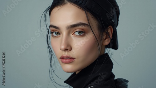 Model Poses for a Close-Up Portrait Wearing a Black Outfit With Soft Lighting...