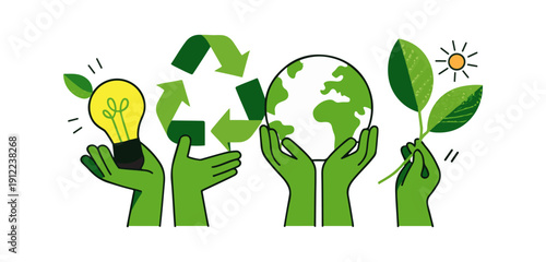 Green Eco Recycling and Renewable Energy Hands Concept Vector Illustration