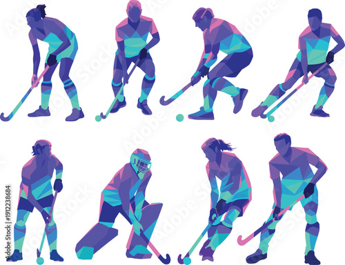Colorful field hockey players in action poses, polygon style athletes dribbling ball, competitive sport motion illustration, modern vector set design