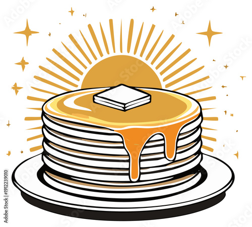 Stack of pancakes with syrup and butter on a plate with stylized sunburst in background
