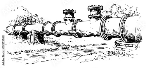 Vintage style hand drawn ink illustration of an industrial oil or gas pipeline