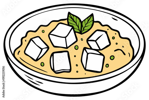 Cartoon illustration of a bowl with creamy food, tofu cubes and fresh mint leaves, isolated.