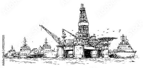 Artistic hand drawn ink sketch of an offshore oil platform and support ships at sea