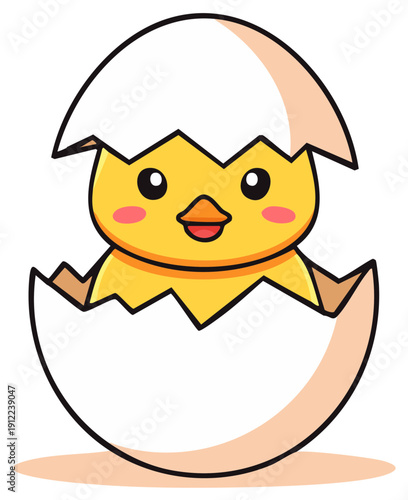 Cute baby chick hatching from cracked eggshell with cheerful expression and rosy cheeks