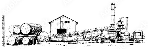 Vintage style hand drawn ink illustration of an industrial sawmill with wood logs